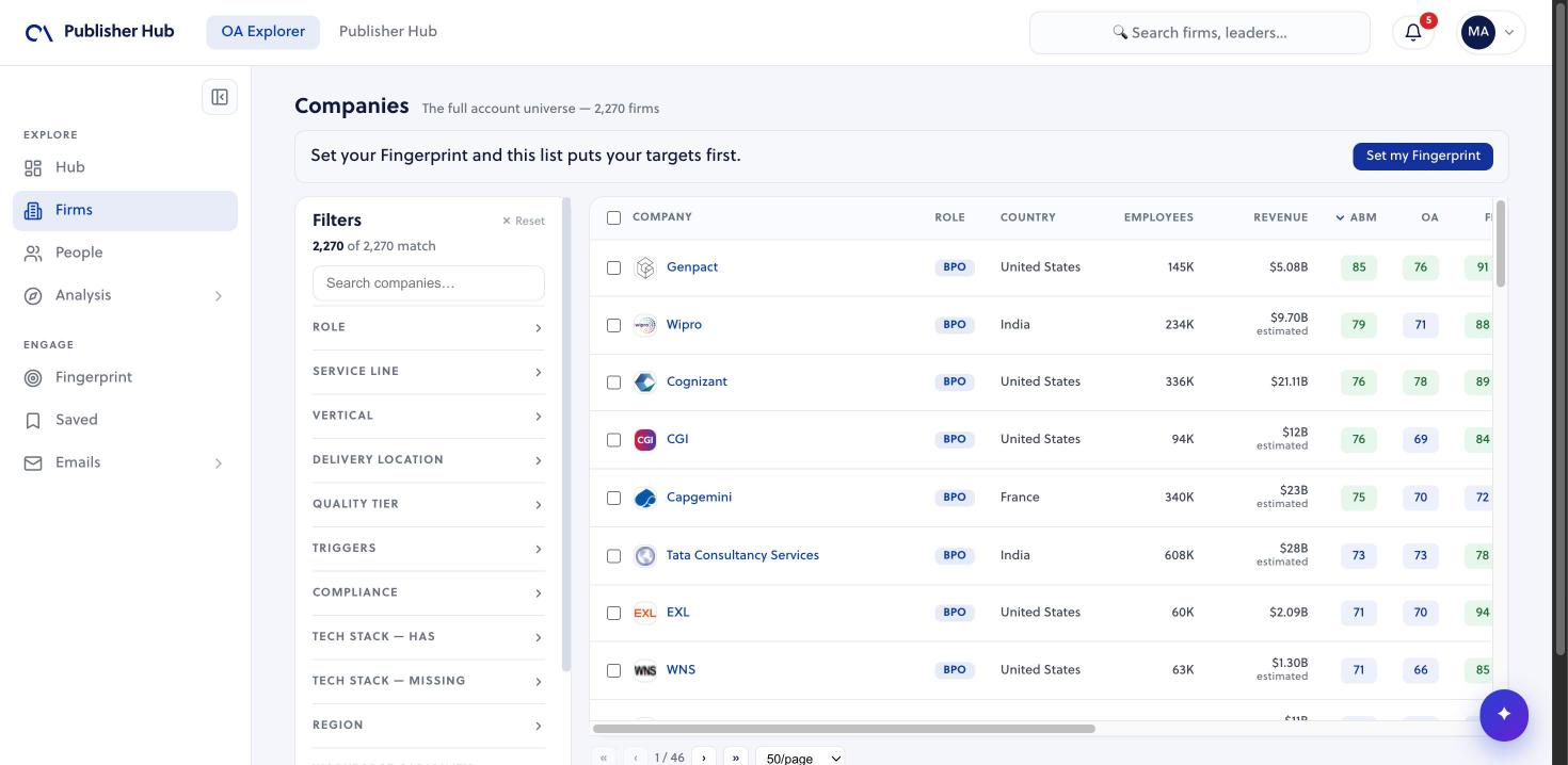 OA Explorer company directory with company search and filters