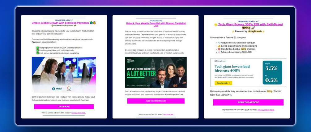 Three sponsored blocks as they ran in the Inside Outsourcing newsletter