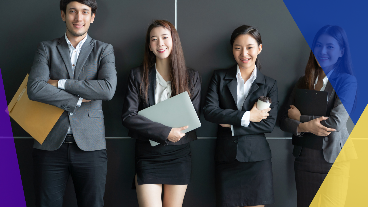portrait of asian business people posing in office building