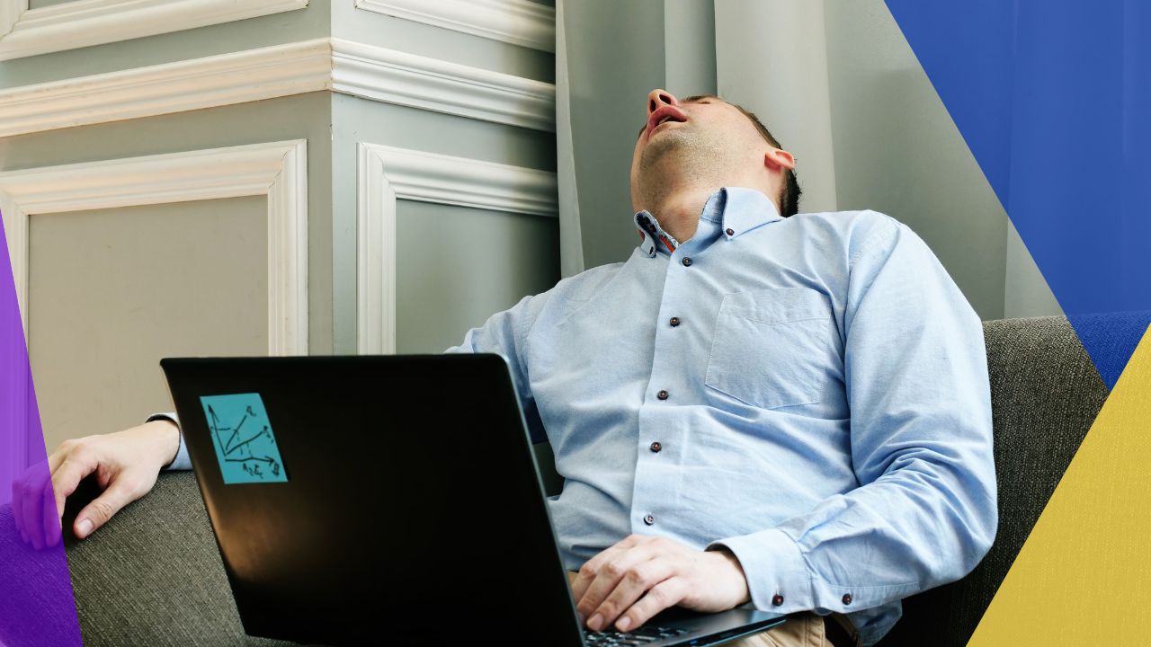 tired man with chronic fatigue syndrome sleeps with a laptop