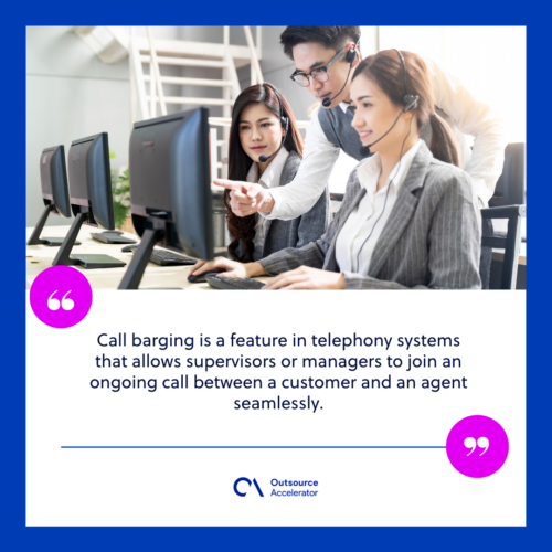 young adult confidence with smiling supervisor teaching to his team of operator team agent with headsets and desktop computer in a call center to monitor her employee