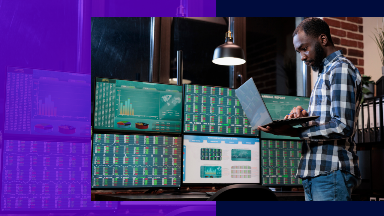 sales consultant reviewing trading profits using index analytics while standing near modern workstation