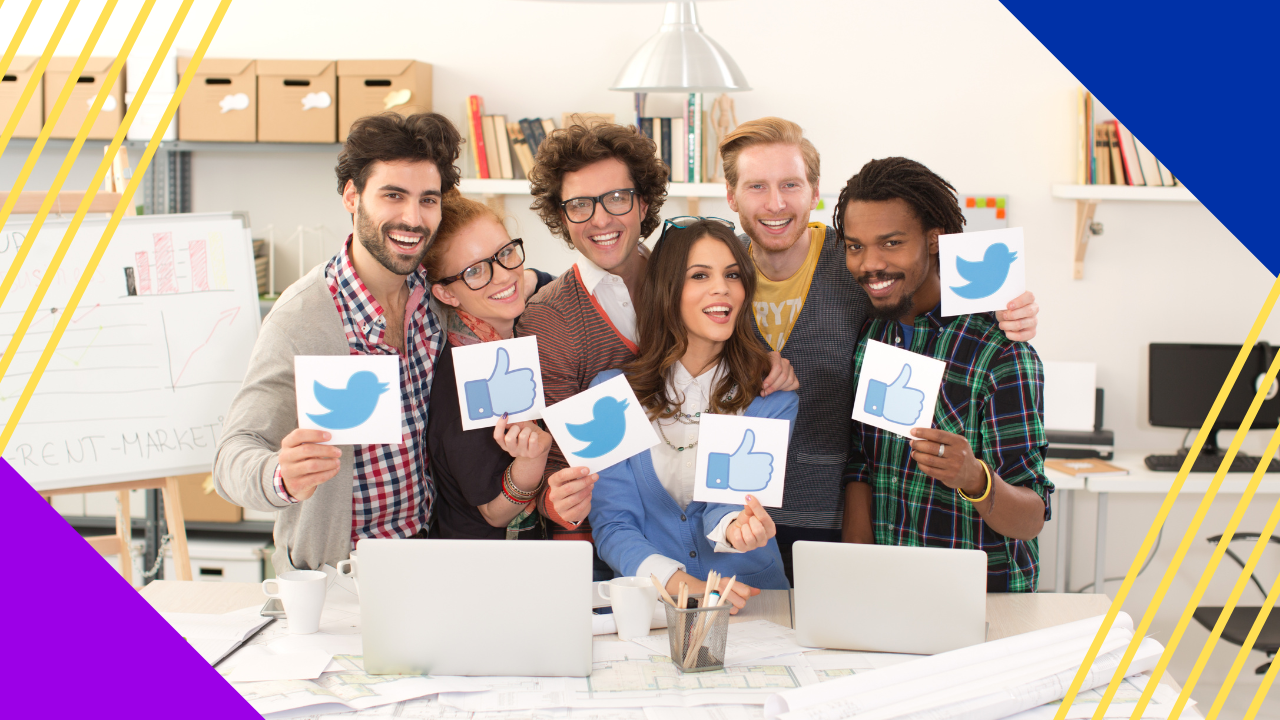 group of young people holding thumbs up and tweet signs