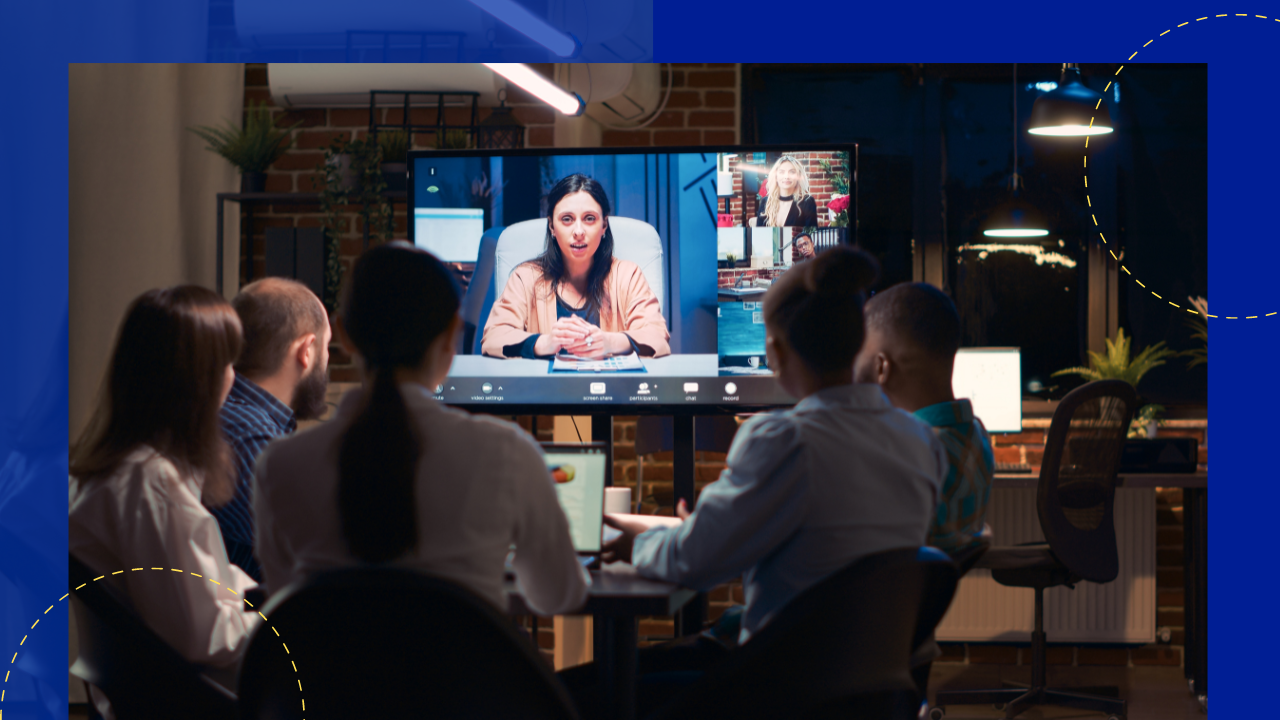 Employees team and remote coworkers cooperation in videoconference, colleagues talking in videocall at night time