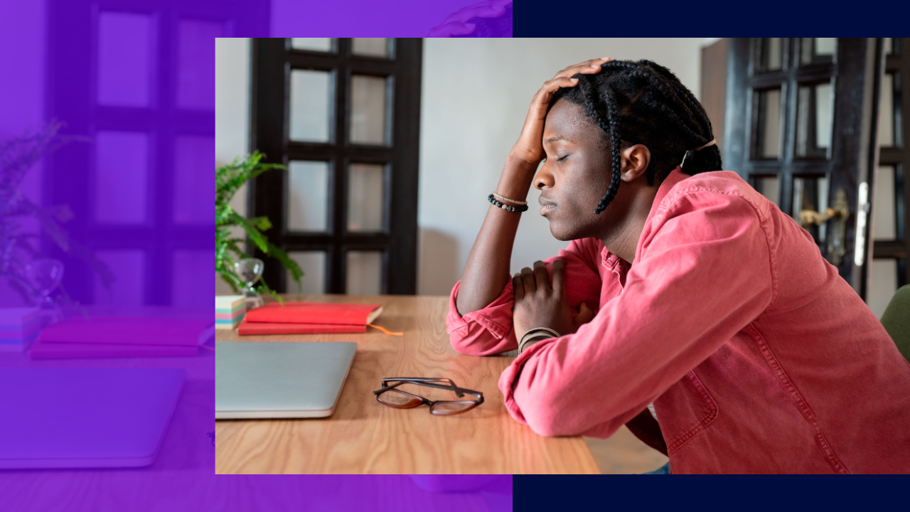 Exhausted overworked remote employee sitting with closed eyes at workplace, suffering from headache