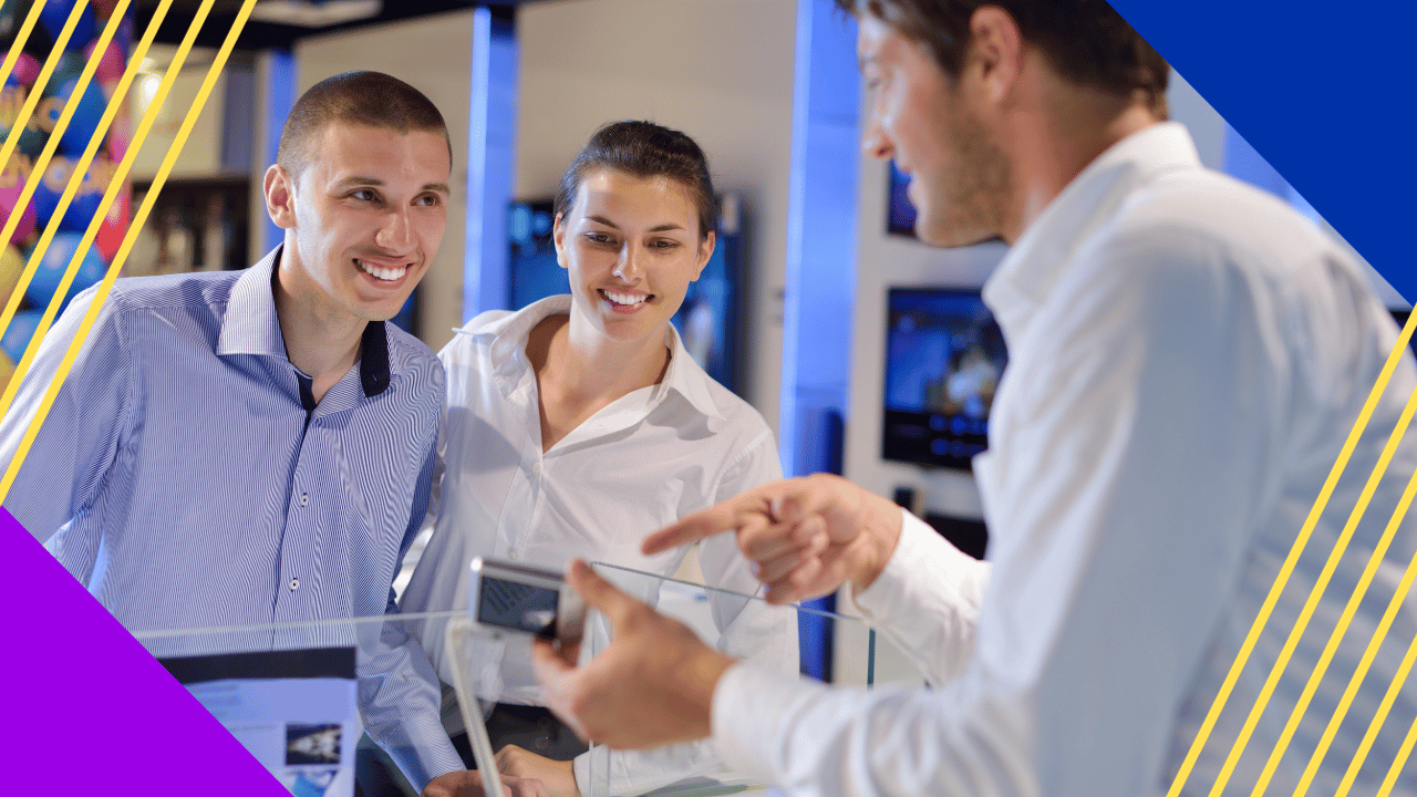 people in consumer electronics retail store looking at latest laptop, television and photo camera to buy