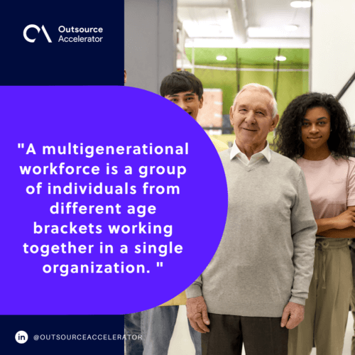 Happy diverse team of employees looking at camera while posing, standing together in the office, Age diversity in the workplace