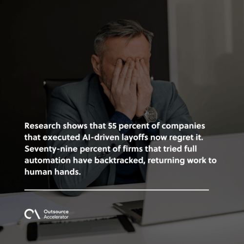 Research shows that 55 percent of companies that executed AI-driven layoffs now regret it. Seventy-nine percent of firms that tried full automation have backtracked, returning work to human hands.