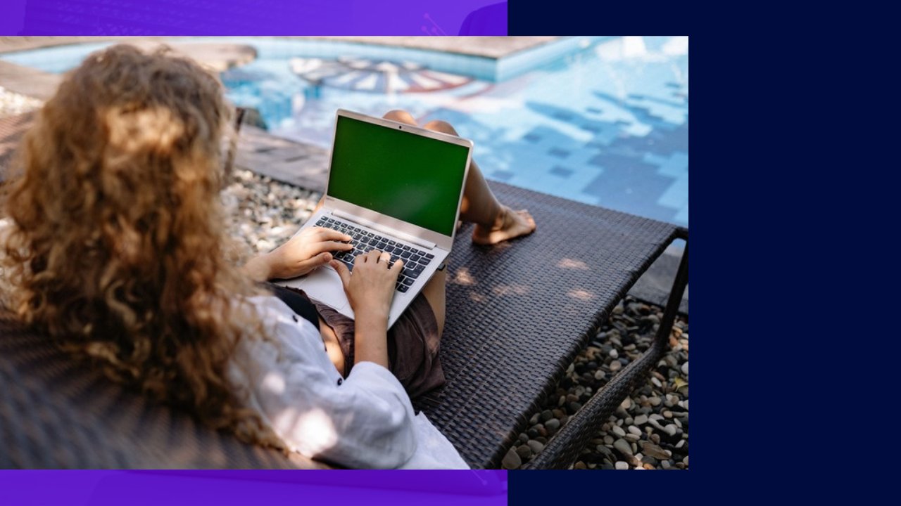 Woman working on laptop by pool, embodying micro-outsourcing efficiency.