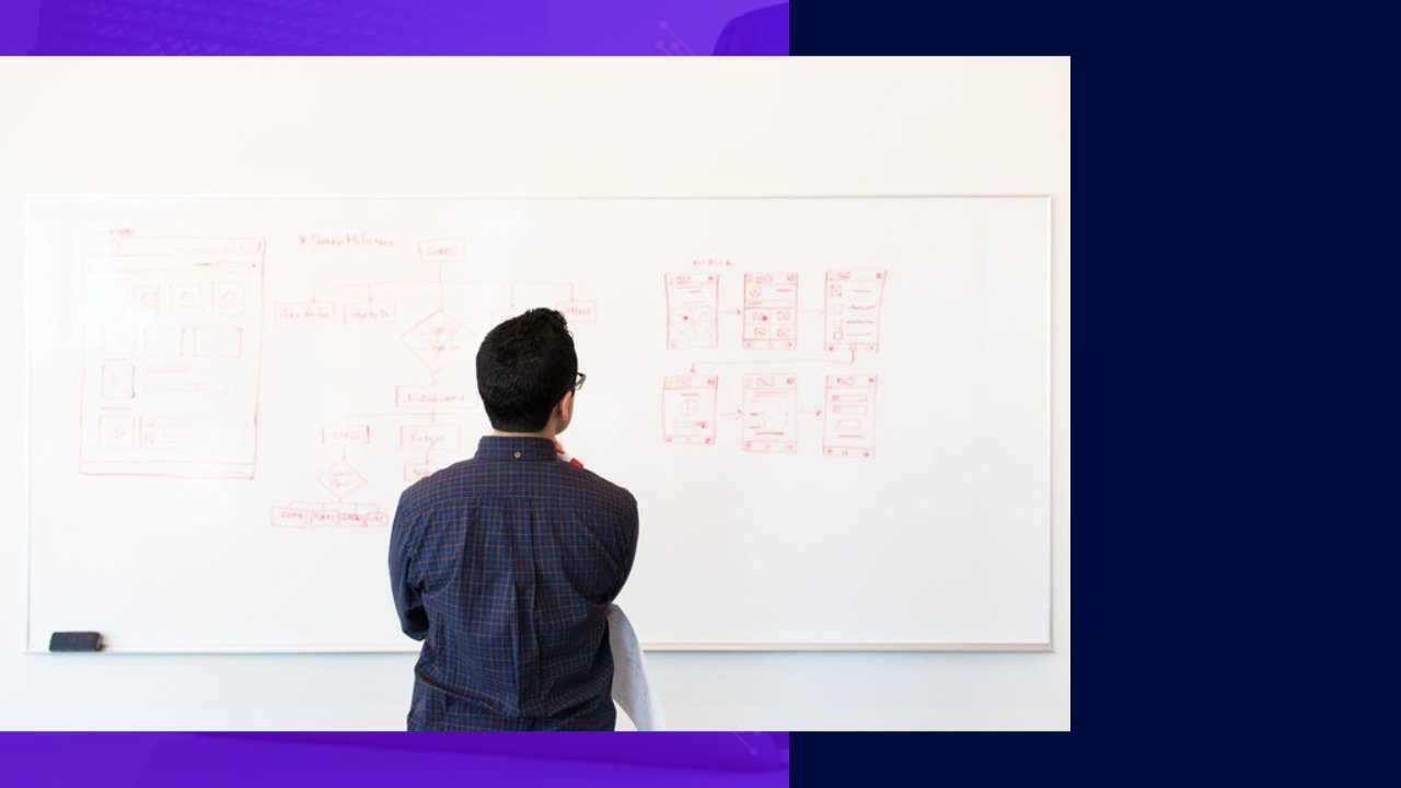 Man brainstorming user-centric web design wireframes on a whiteboard.