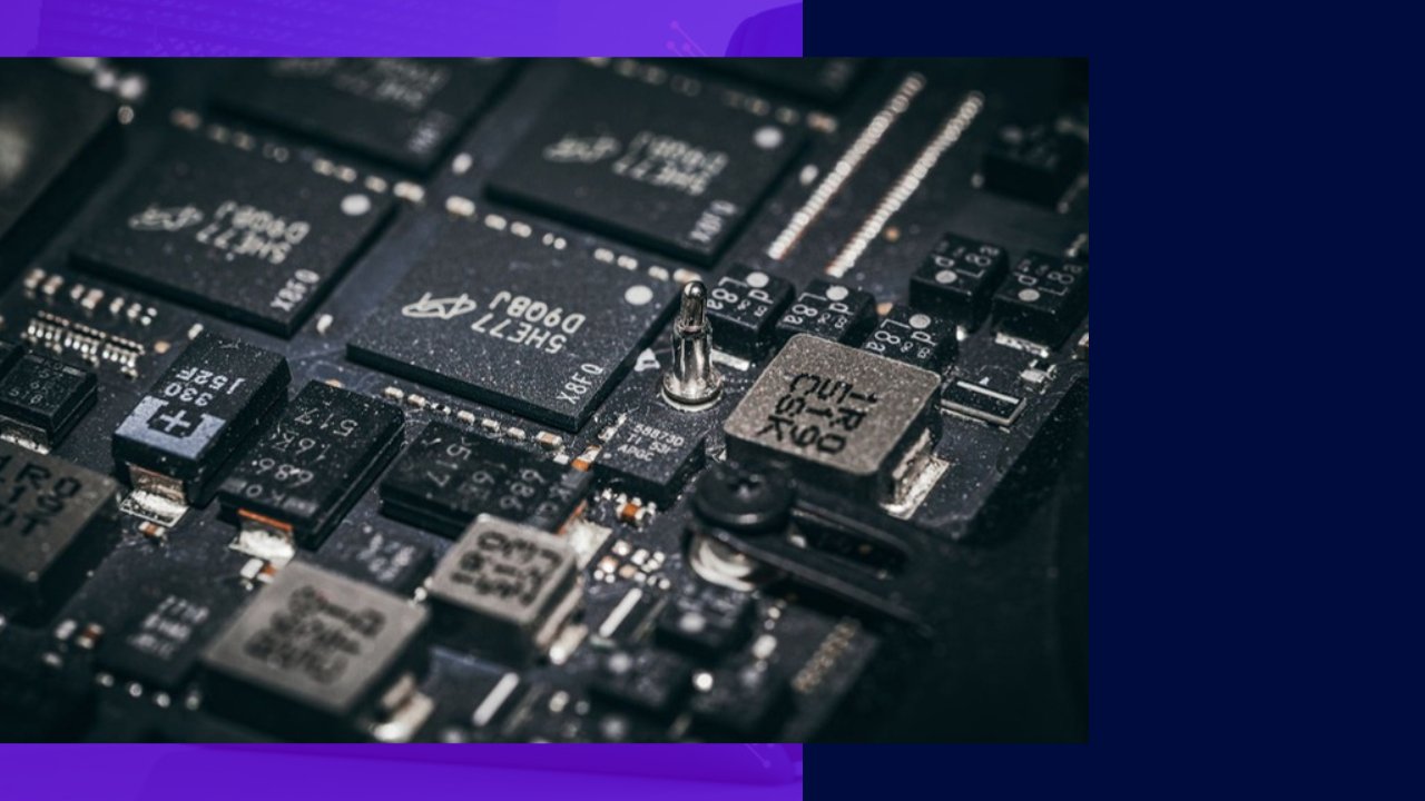A close-up of microchips and components on a circuit board, highlighting semiconductor outsourcing operations.