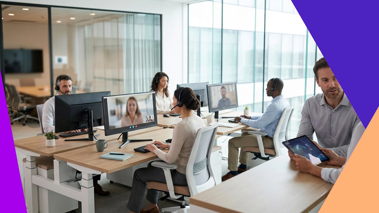 Team in modern office on video calls, providing virtual staff outsourcing services for specialty pharmacies.