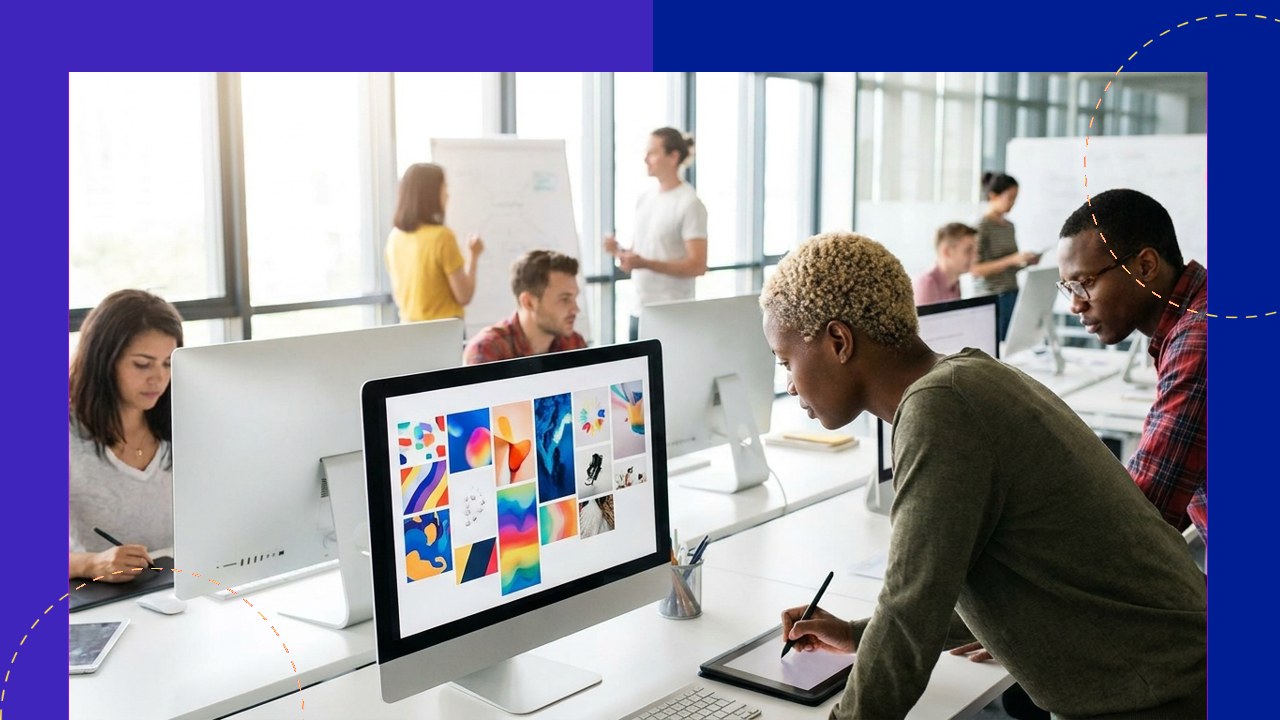 Designers collaborate in an office, learning about 9 types of graphic design.