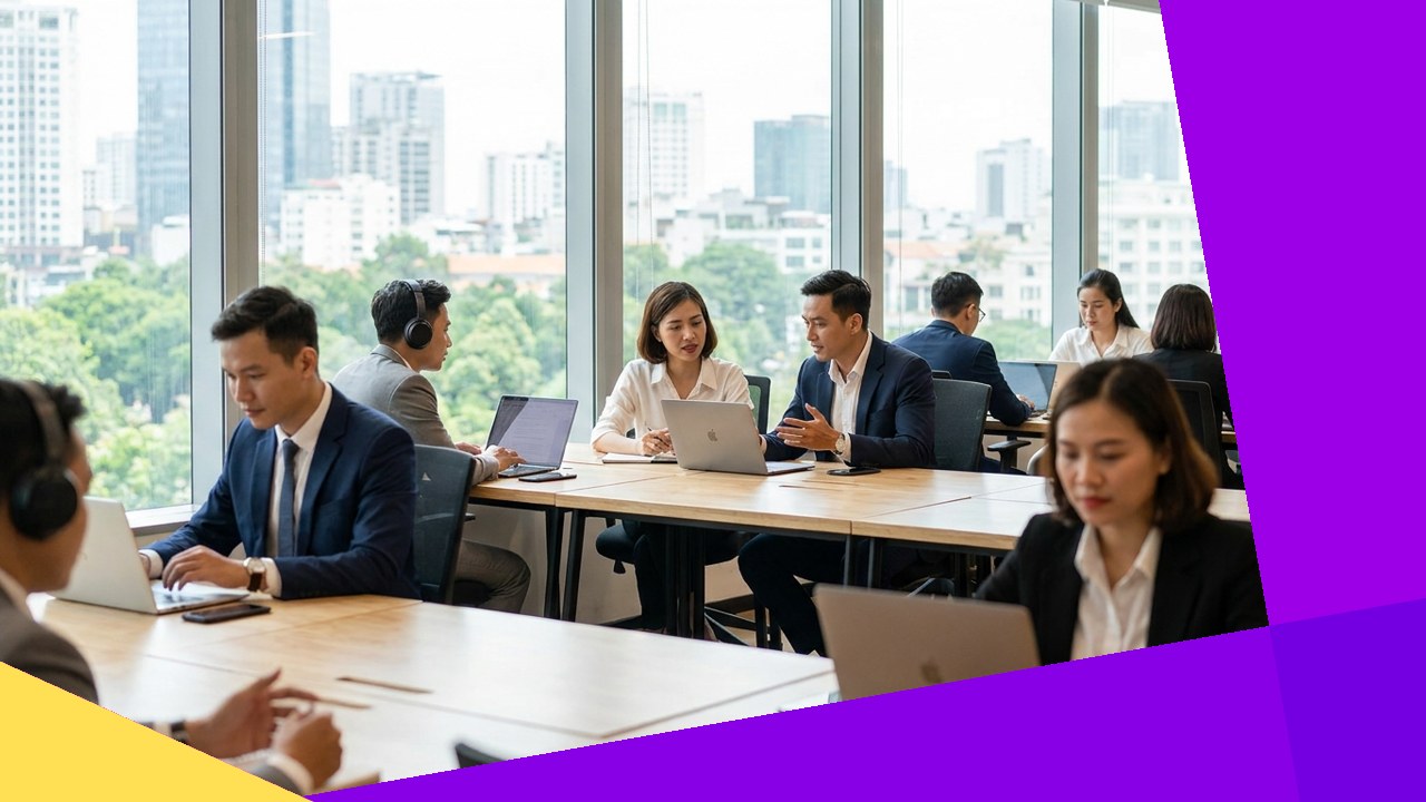 Young professionals working in an office, suggesting Vietnam as an outsourcing destination.