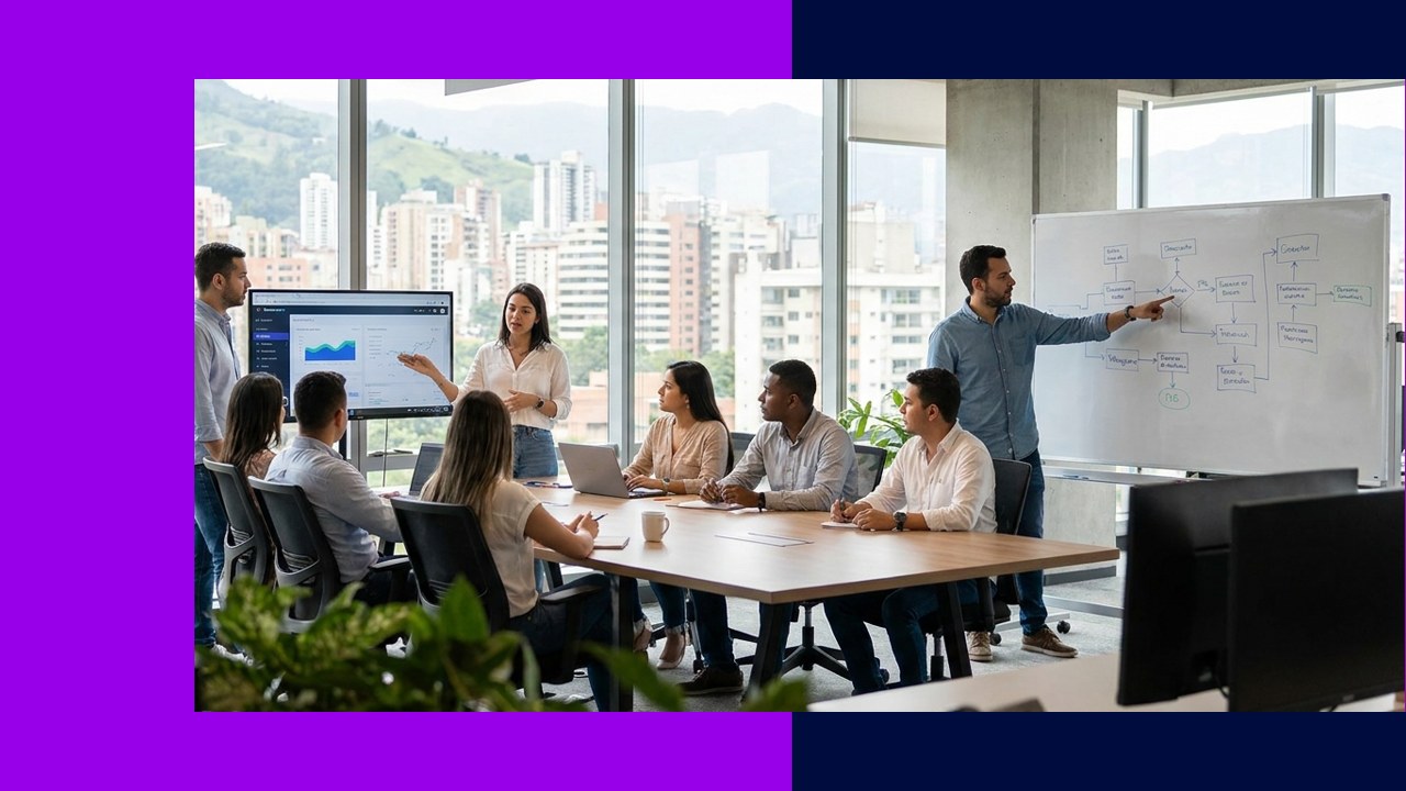 Diverse professionals in modern office with city views, ideal for nearshoring outsourcing with Quantum in Colombia.