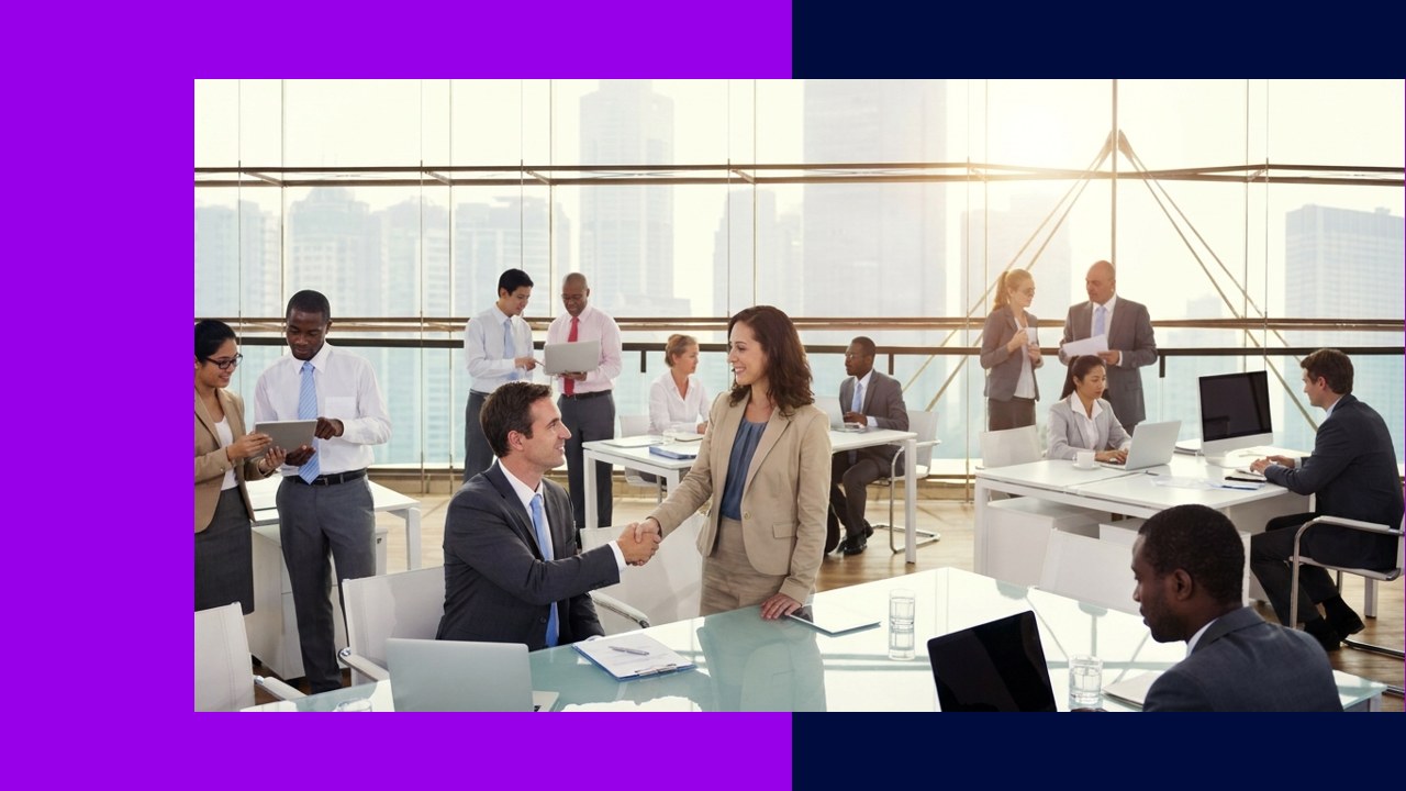 Business professionals in a modern office, shaking hands and collaborating. India's best HR and recruitment consultants.
