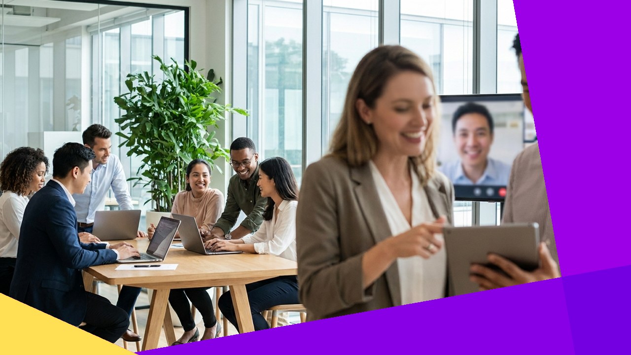 Diverse team in office and remote colleague collaborate, ensuring personal touch in outsourcing.