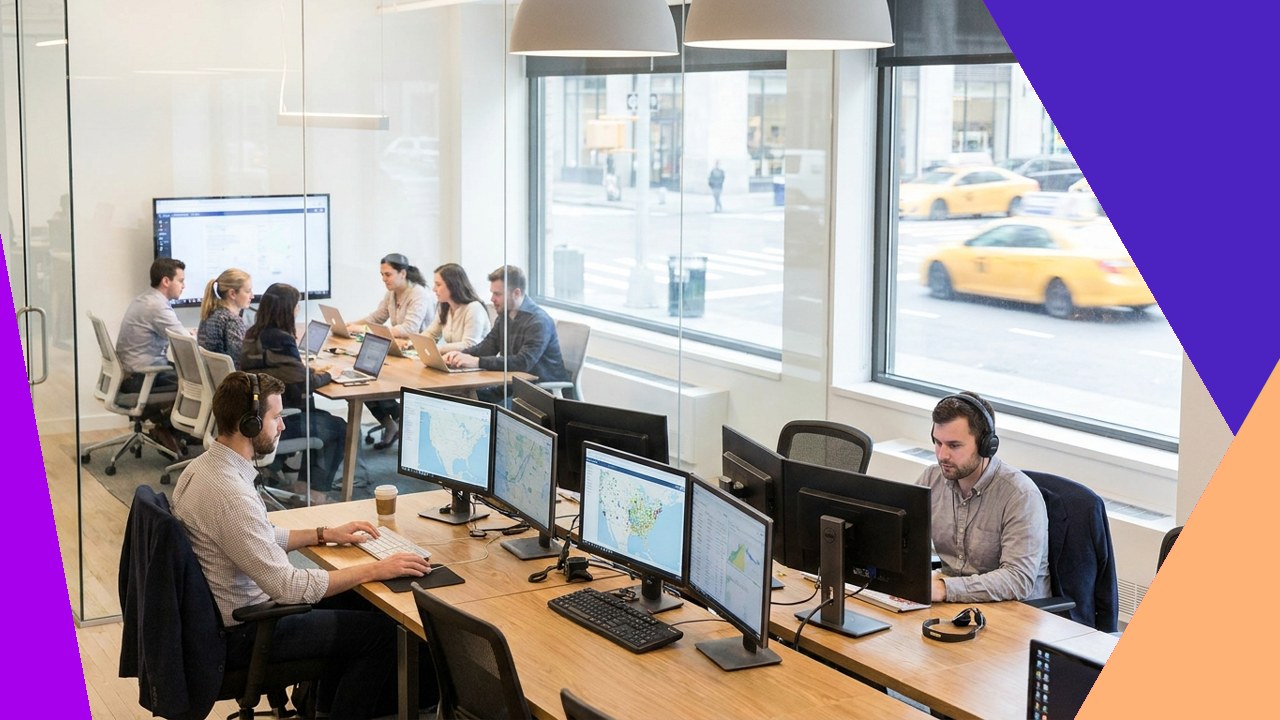 Dispatchers work in a modern office with city views, optimizing taxi dispatch services.