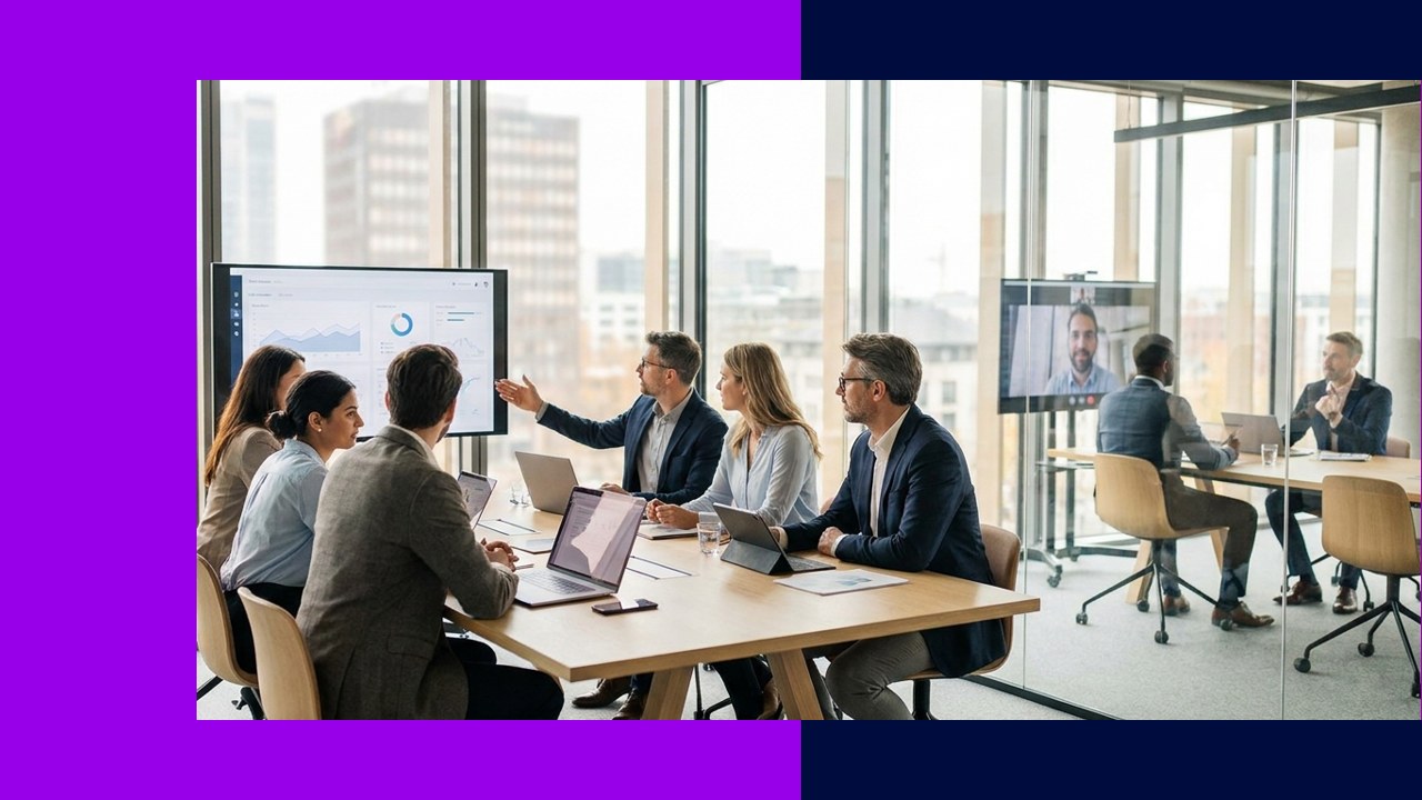 Business team discusses outsourcing strategy with data on screen and remote participants.