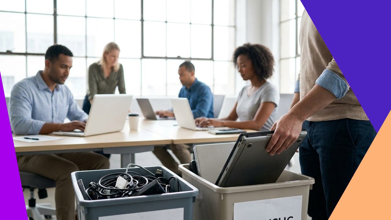 People working at desks, with a person placing laptops in bins for laptop recycling.
