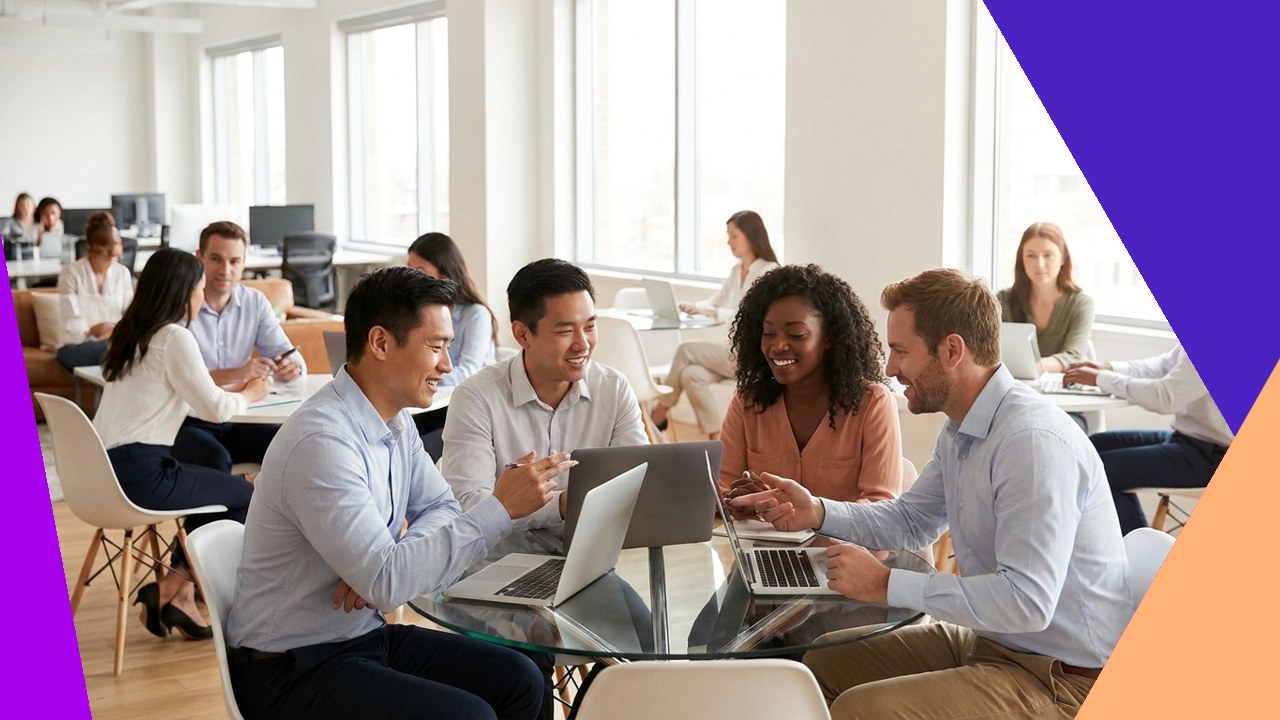 Diverse team collaborating in office, integrating IT outsourcing for company culture.