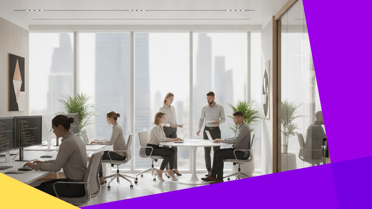 Software development company in Dubai with team collaborating by desks and meeting table.