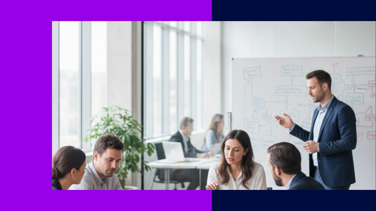 Business development models are discussed in a meeting with a flowchart.