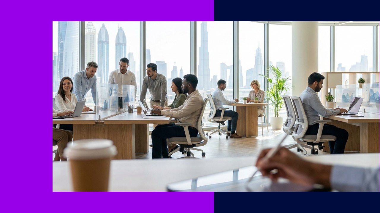 Diverse team in modern Dubai office, envisioning the future of IT companies.