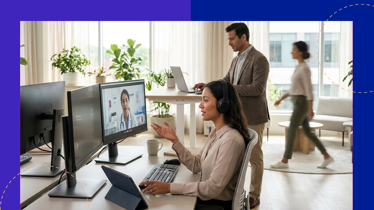 Virtual medical scribe benefits: telehealth call with doctor on screen, people working remotely