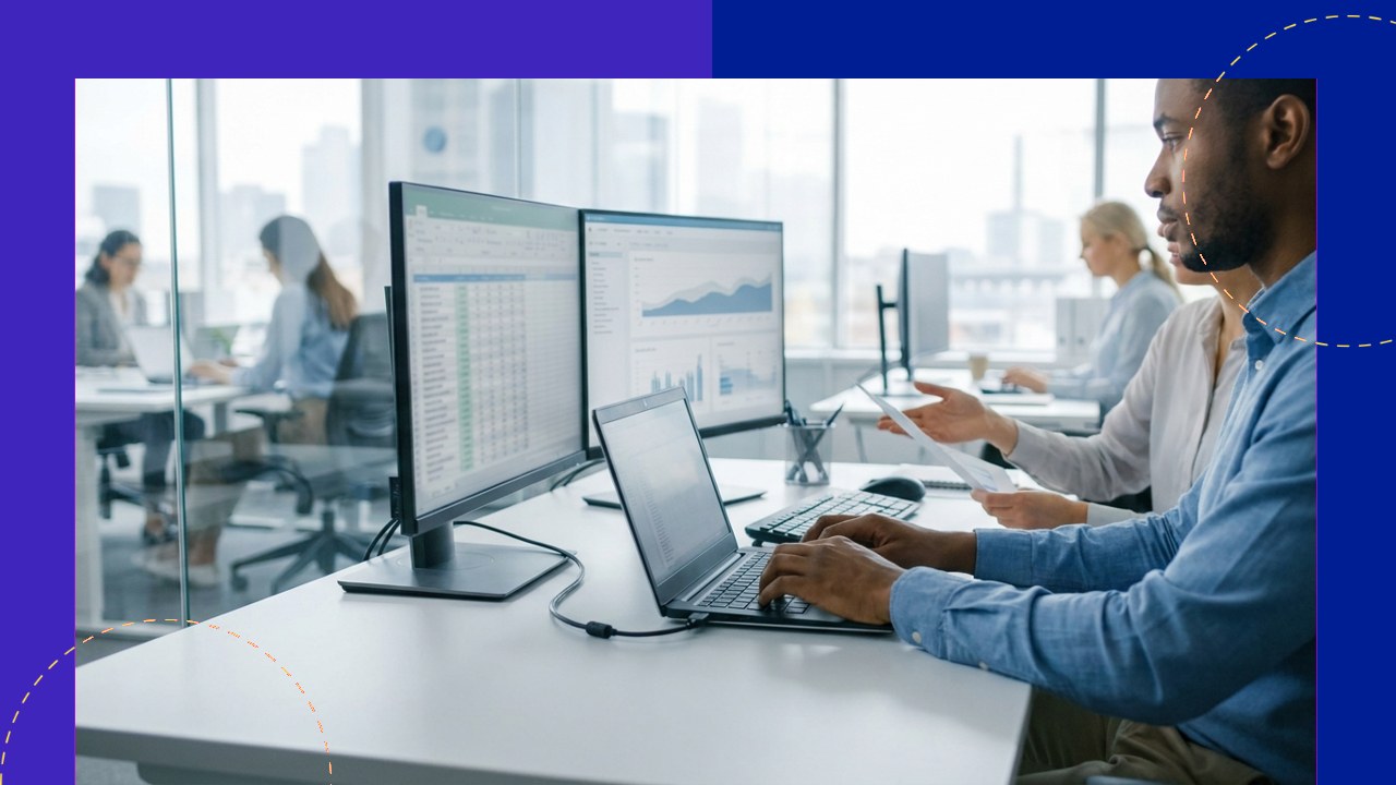 Business professionals working on computers, highlighting accurate data entry importance.