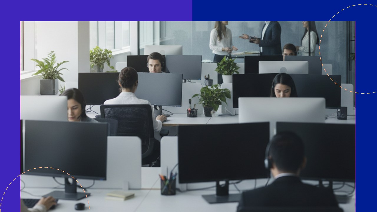 Open-plan office with diverse employees working at computers, showcasing Voltron BPO operations.