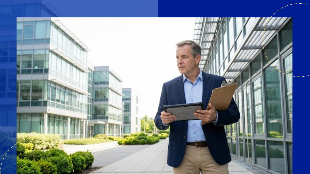Man with tablet and clipboard inspects modern commercial buildings. ProTec Inspection Services.