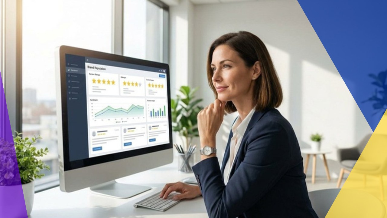 Professional reviewing brand reputation management software dashboard