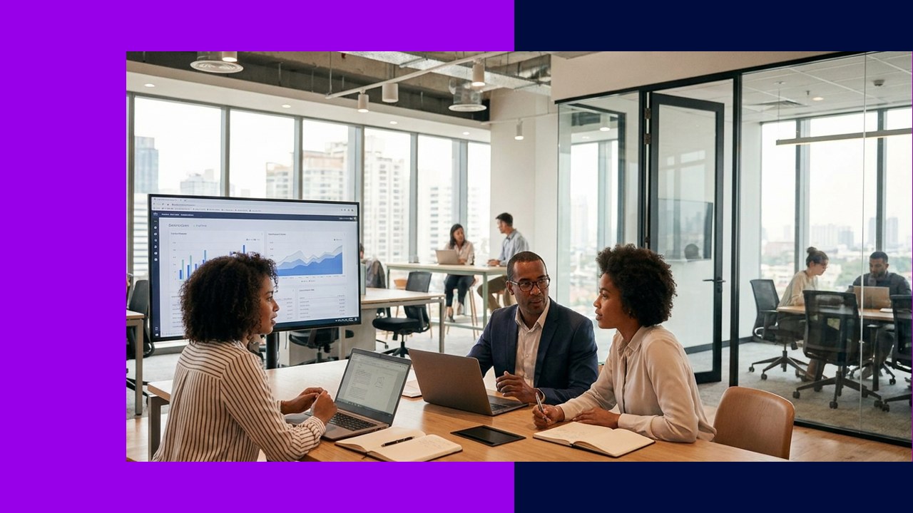Diverse team collaborates in modern office with analytics display; outsourcing success.