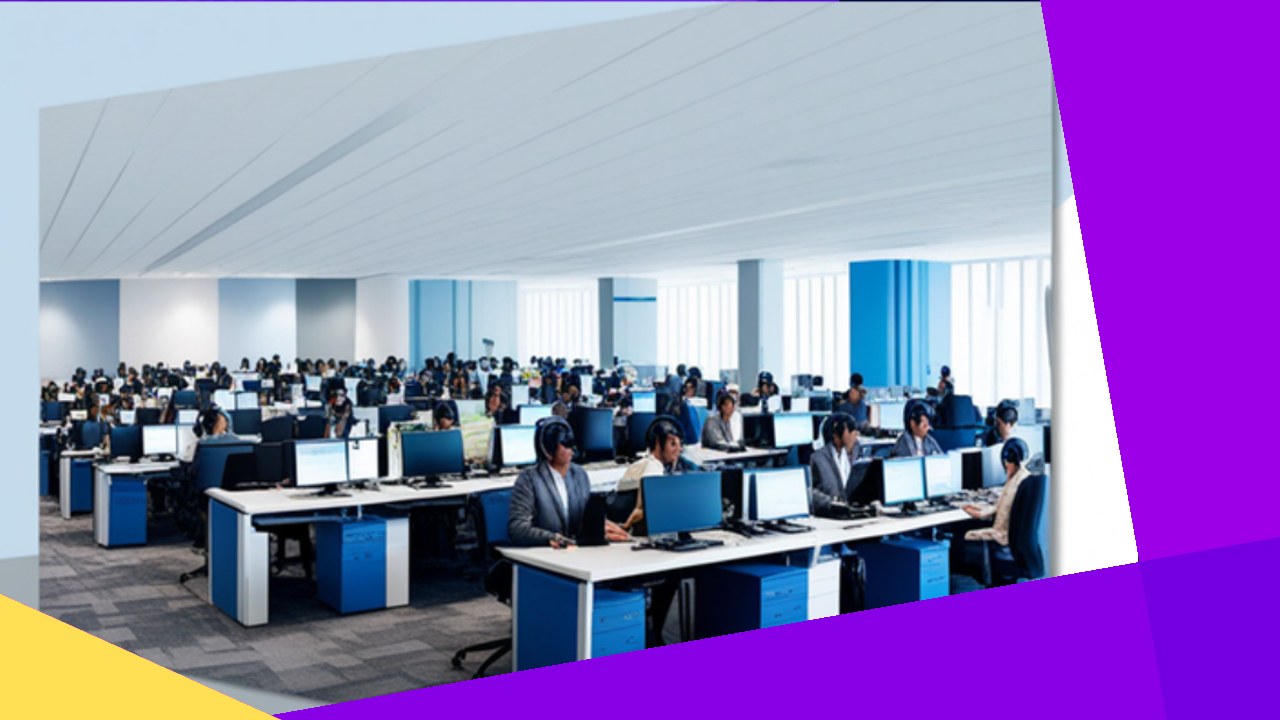 Busy call center with agents at desks discussing account types.