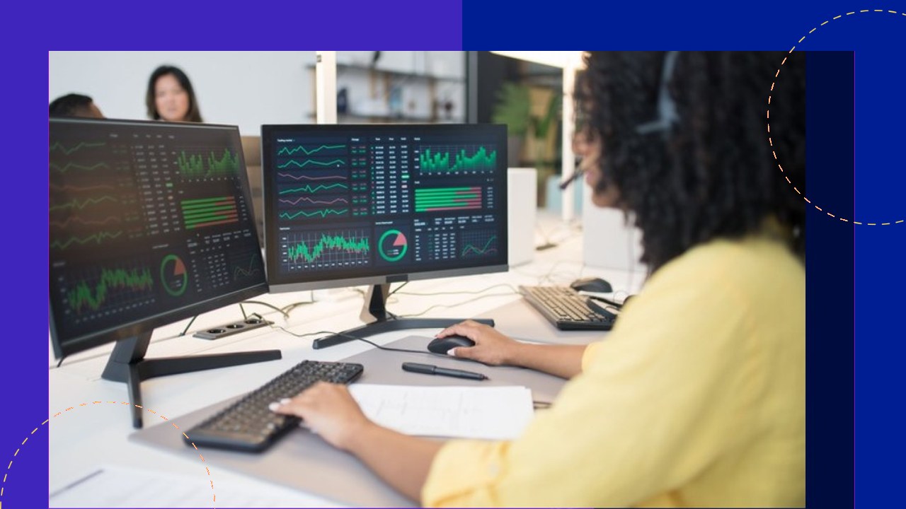 Annotating data on dual monitors, woman with headset, a smart move for African outsourcing.