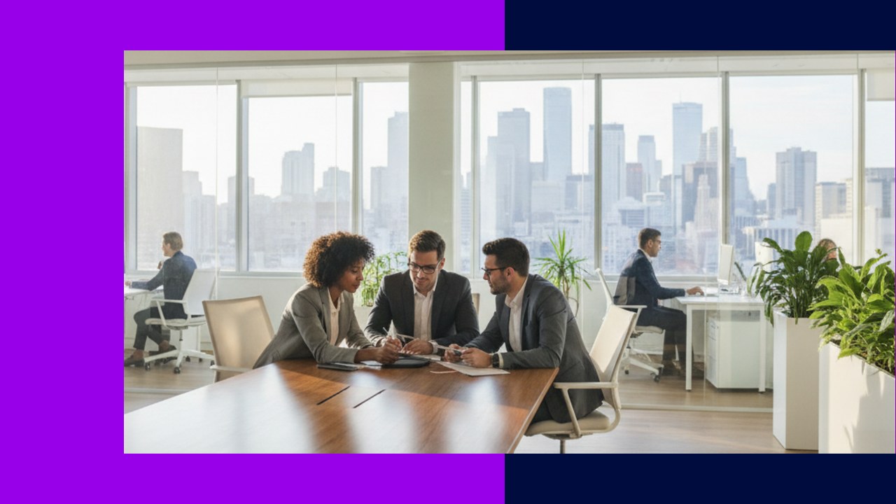 Business professionals collaborate at a table, showcasing Tellida's strategic partnership for growth.