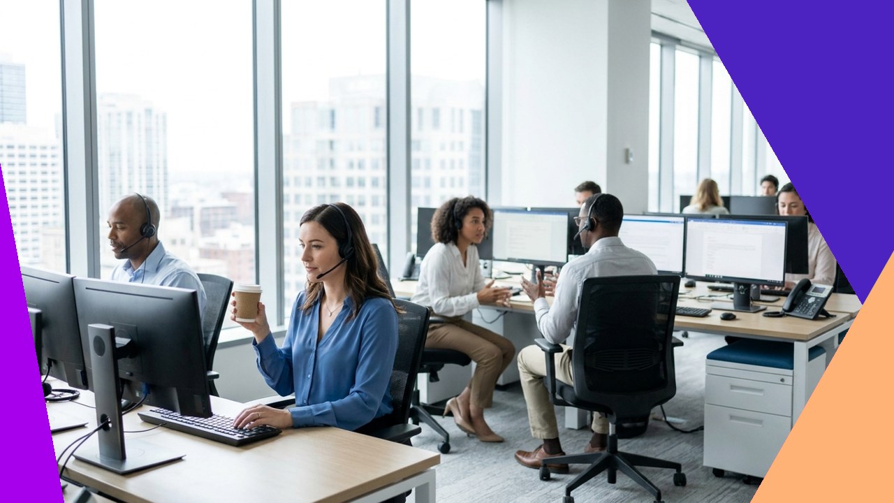 Office workers with headsets on computers, showcasing tele-fundraising outsourcing for charities.
