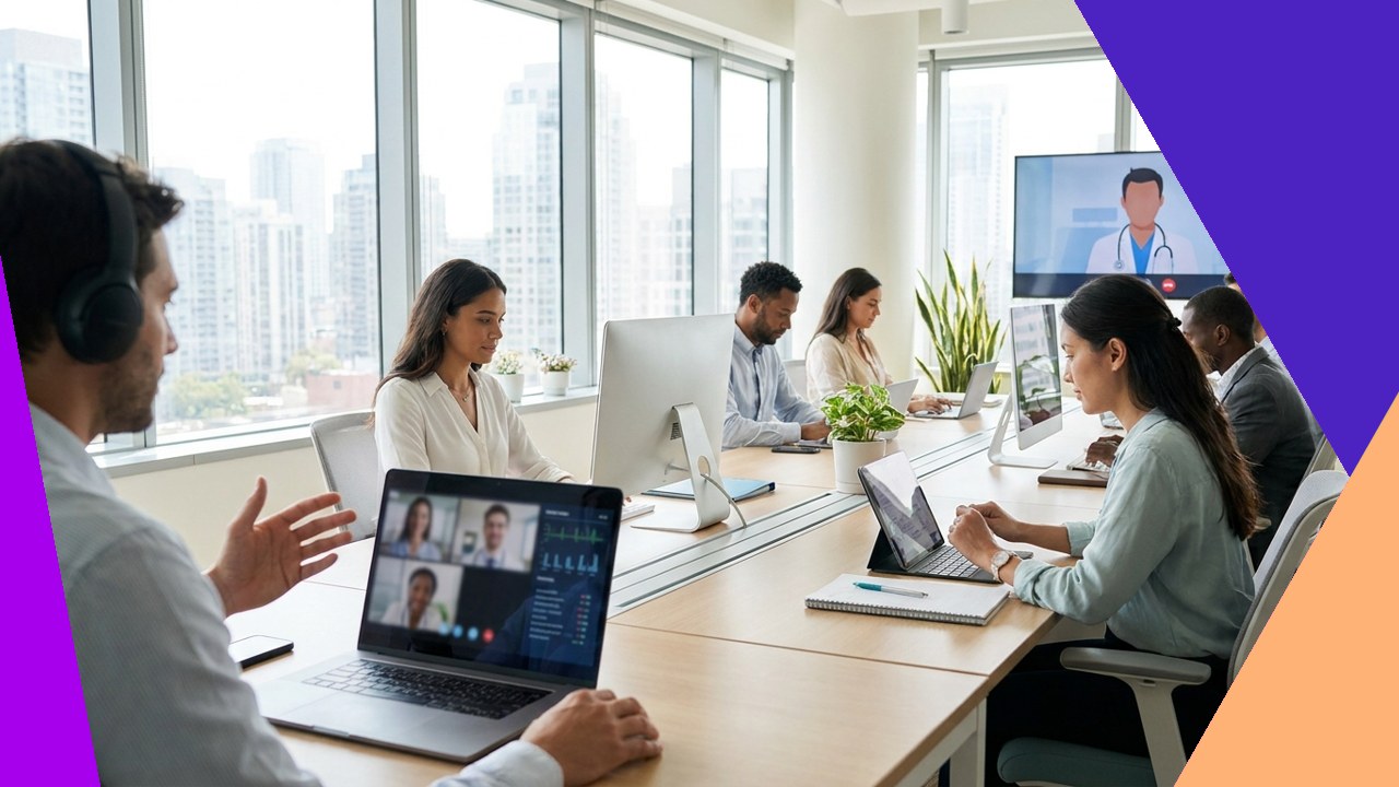 Diverse team collaborates on telehealth services, showing U.S. growth and ideal South Africa staffing.