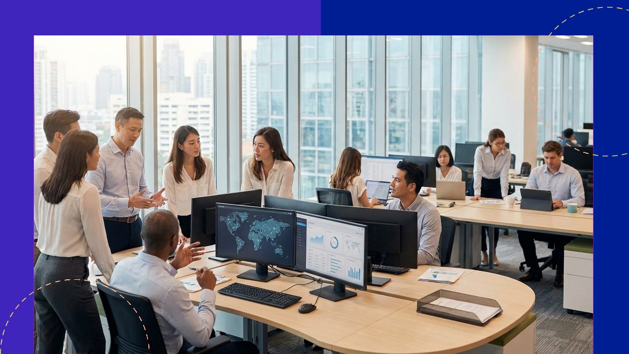 Team collaboration in modern office, displaying global maps and data for logistics and BPO supply chain efficiency.