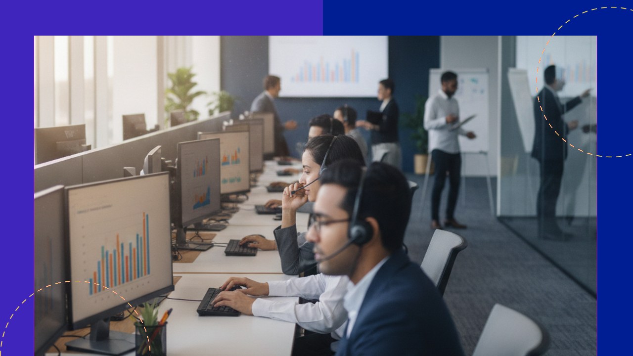 Call center agents working on computers, transforming Medicare & Medicaid lead warming and prequalification through offs