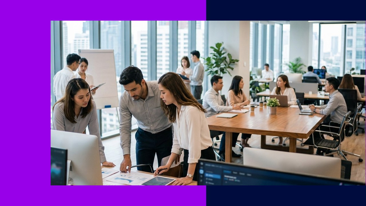 Professionals collaborate in a modern office, representing BPO teams driving growth for U.S. insurance marketplaces.