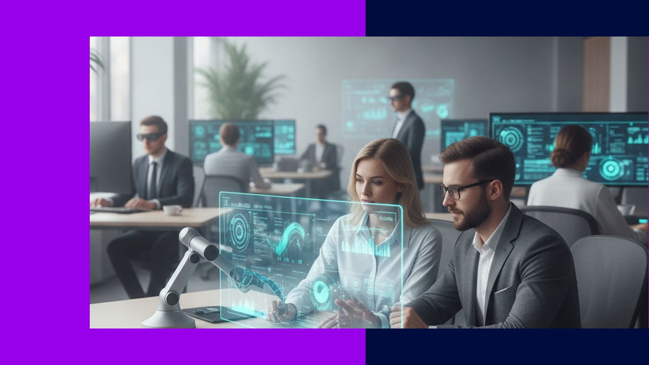 Tech-enabled accountants using holographic displays in a modern office, showcasing the future of accounting in 2025.