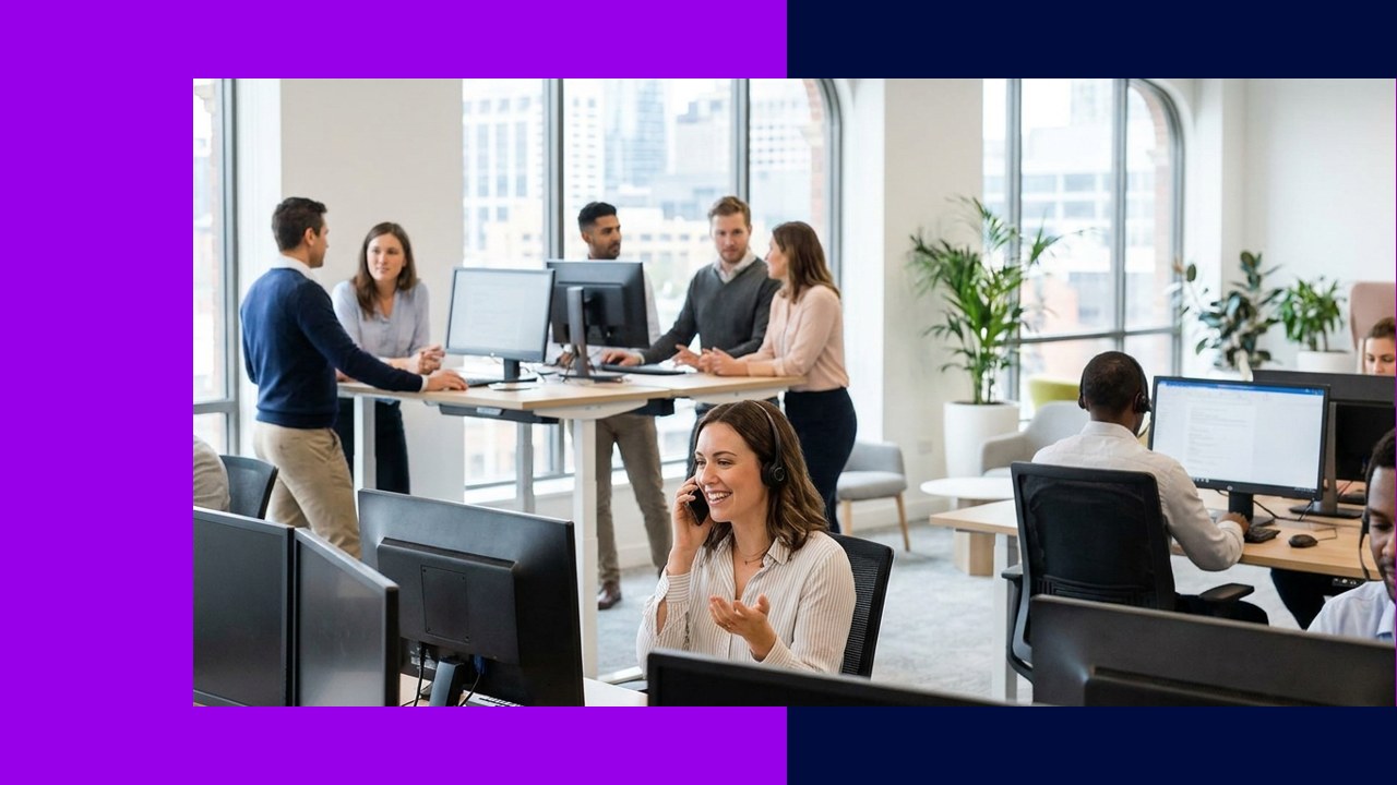 Smiling customer service reps in an office setting, highlighting U.S. call center outsourcing for customer experience.