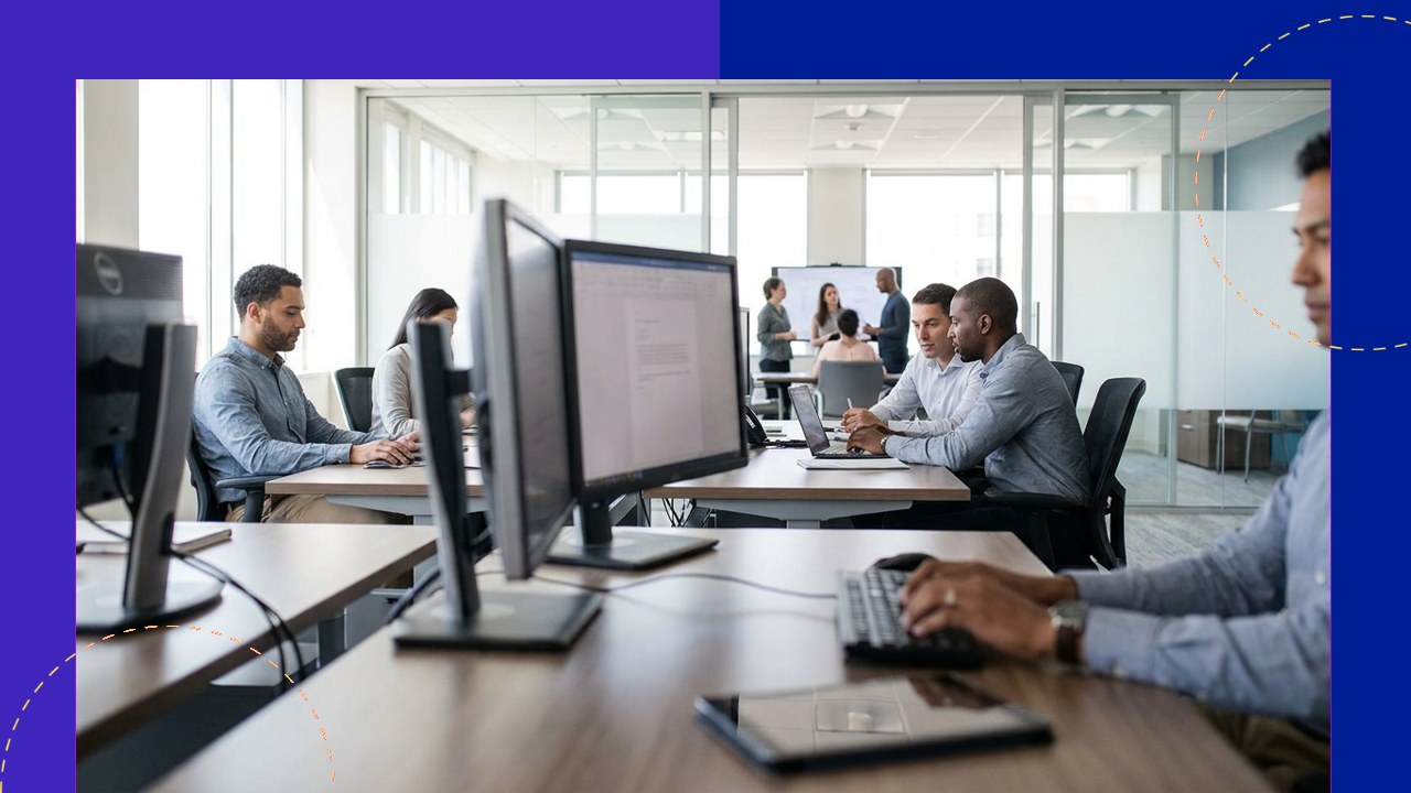 Professionals at computers in modern office for secure, compliant data entry outsourcing.