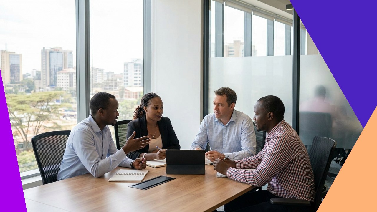 Diverse business team discusses employee rights in Kenya.