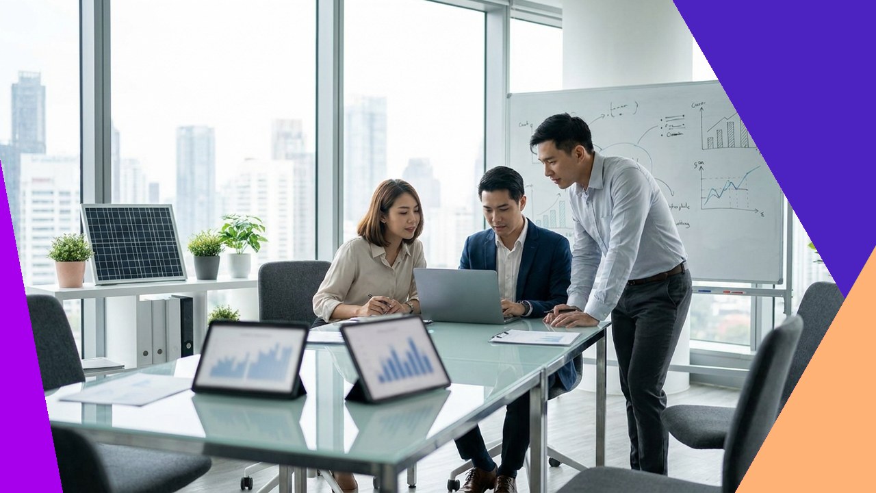 Solar energy team collaborates on lead generation and compliance strategies with data visualizations.