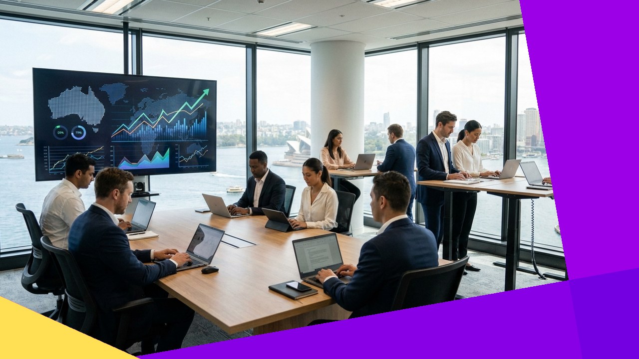 Aussie business meeting with AI SEO data on screen, Nov 2025 insights.