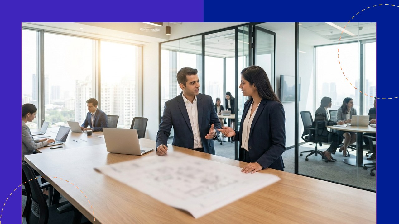 Business professionals discuss plans in a modern office, relevant to selecting a Monopoly PCD Pharma Franchise Partner i