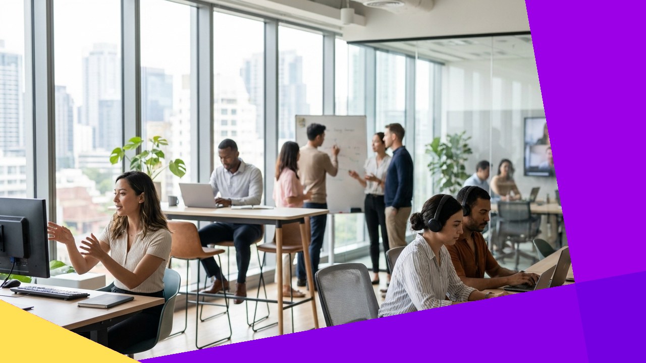 Diverse team collaborating in modern office, KonnectHub redefining global outsourcing.